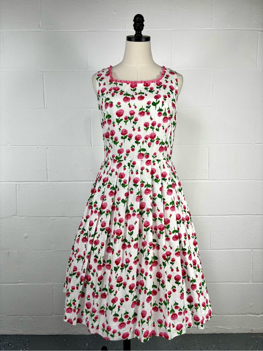 Vintage 90s Pink Rose Floral Fit Flare Day Dress Cotton Ruffle Trim Tradwife 14 - Picture 2 of 14